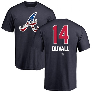 Men's Atlanta Braves Adam Duvall ＃14 Name and Number Banner Wave T-Shirt - Navy