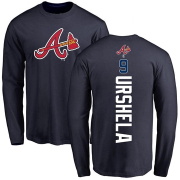 Men's Atlanta Braves Gio Urshela ＃9 Backer Long Sleeve T-Shirt - Navy