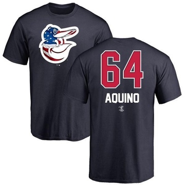 Men's Baltimore Orioles Jayson Aquino ＃64 Name and Number Banner Wave T-Shirt - Navy