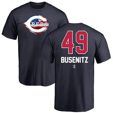 Men's Cincinnati Reds Alan Busenitz ＃49 Name and Number Banner Wave T-Shirt - Navy