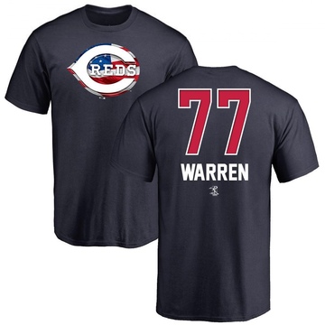 Men's Cincinnati Reds Art Warren ＃77 Name and Number Banner Wave T-Shirt - Navy