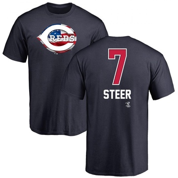 Men's Cincinnati Reds Spencer Steer ＃7 Name and Number Banner Wave T-Shirt - Navy