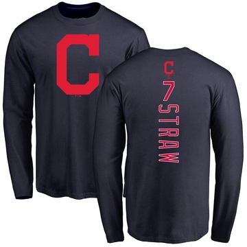 Men's Cleveland Guardians Myles Straw ＃7 Backer Long Sleeve T-Shirt - Navy