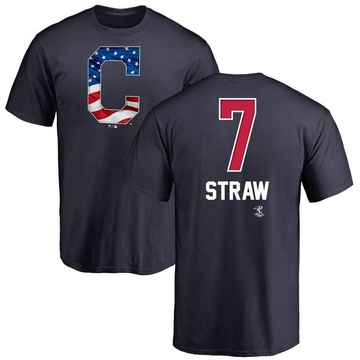 Men's Cleveland Guardians Myles Straw ＃7 Name and Number Banner Wave T-Shirt - Navy