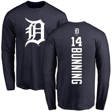 Men's Detroit Tigers Jim Bunning ＃14 Backer Long Sleeve T-Shirt - Navy