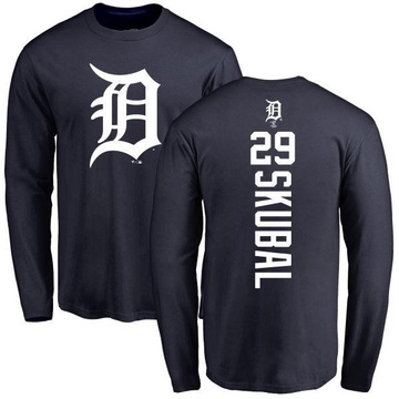 Men's Detroit Tigers Tarik Skubal ＃29 Backer Long Sleeve T-Shirt - Navy