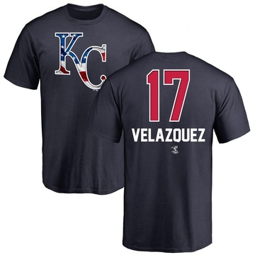 Men's Kansas City Royals Nelson Velazquez ＃17 Name and Number Banner Wave T-Shirt - Navy
