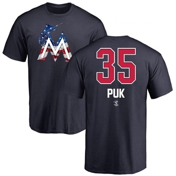 Men's Miami Marlins A.J. Puk ＃35 Name and Number Banner Wave T-Shirt - Navy