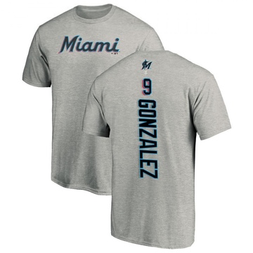 Men's Miami Marlins Erik Gonzalez ＃9 Backer T-Shirt Ash