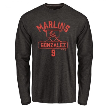 Men's Miami Marlins Erik Gonzalez ＃9 Base Runner Long Sleeve T-Shirt - Black