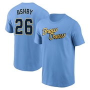 Men's Milwaukee Brewers Aaron Ashby ＃26 Powder 2022 City Connect Name & Number T-Shirt - Blue