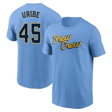 Men's Milwaukee Brewers Abner Uribe ＃45 Powder 2022 City Connect Name & Number T-Shirt - Blue