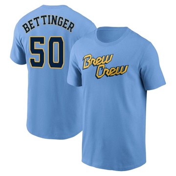 Men's Milwaukee Brewers Alec Bettinger ＃50 Powder 2022 City Connect Name & Number T-Shirt - Blue