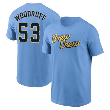 Men's Milwaukee Brewers Brandon Woodruff ＃53 Powder 2022 City Connect Name & Number T-Shirt - Blue