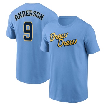 Men's Milwaukee Brewers Brian Anderson ＃9 Powder 2022 City Connect Name & Number T-Shirt - Blue