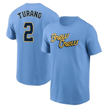 Men's Milwaukee Brewers Brice Turang ＃2 Powder 2022 City Connect Name & Number T-Shirt - Blue