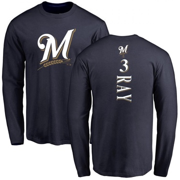 Men's Milwaukee Brewers Corey Ray ＃3 Backer Long Sleeve T-Shirt - Navy