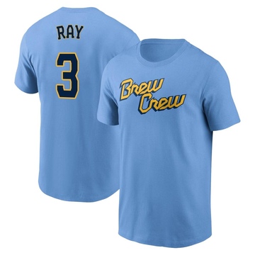 Men's Milwaukee Brewers Corey Ray ＃3 Powder 2022 City Connect Name & Number T-Shirt - Blue