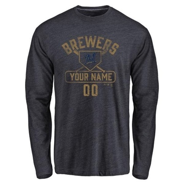 Men's Milwaukee Brewers Custom ＃00 Base Runner Long Sleeve T-Shirt - Navy