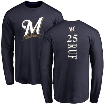 Men's Milwaukee Brewers Darin Ruf ＃25 Backer Long Sleeve T-Shirt - Navy