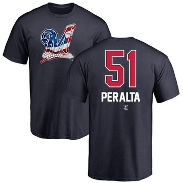 Men's Milwaukee Brewers Freddy Peralta ＃51 Name and Number Banner Wave T-Shirt - Navy