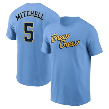 Men's Milwaukee Brewers Garrett Mitchell ＃5 Powder 2022 City Connect Name & Number T-Shirt - Blue