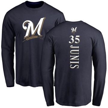 Men's Milwaukee Brewers Jakob Junis ＃35 Backer Long Sleeve T-Shirt - Navy