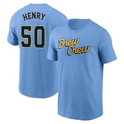 Men's Milwaukee Brewers Payton Henry ＃50 Powder 2022 City Connect Name & Number T-Shirt - Blue