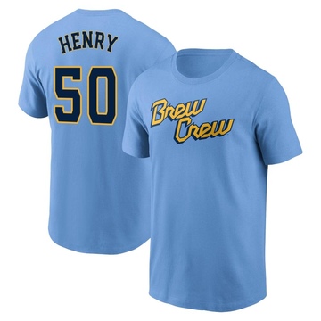 Men's Milwaukee Brewers Payton Henry ＃50 Powder 2022 City Connect Name & Number T-Shirt - Blue