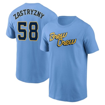 Men's Milwaukee Brewers Rob Zastryzny ＃58 Powder 2022 City Connect Name & Number T-Shirt - Blue