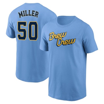 Men's Milwaukee Brewers Tyson Miller ＃50 Powder 2022 City Connect Name & Number T-Shirt - Blue