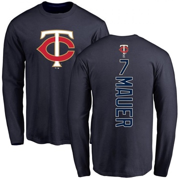 Men's Minnesota Twins Joe Mauer ＃7 Backer Long Sleeve T-Shirt - Navy