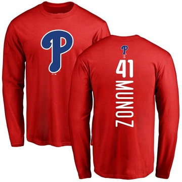 Men's Philadelphia Phillies Yairo Munoz ＃41 Backer Long Sleeve T-Shirt - Red