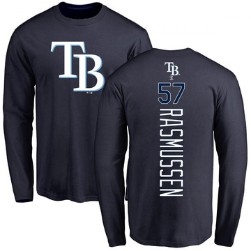 Men's Tampa Bay Rays Drew Rasmussen ＃57 Backer Long Sleeve T-Shirt - Navy