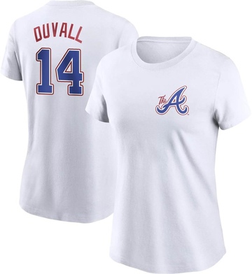 Women's Atlanta Braves Adam Duvall ＃14 2023 City Connect Name & Number T-Shirt - White