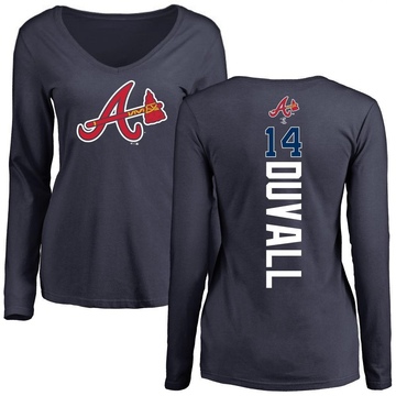 Women's Atlanta Braves Adam Duvall ＃14 Backer Slim Fit Long Sleeve T-Shirt - Navy