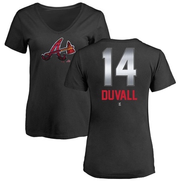 Women's Atlanta Braves Adam Duvall ＃14 Midnight Mascot V-Neck T-Shirt - Black