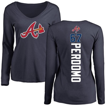 Women's Atlanta Braves Angel Perdomo ＃67 Backer Slim Fit Long Sleeve T-Shirt - Navy