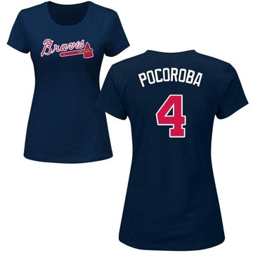 Women's Atlanta Braves Biff Pocoroba ＃4 Roster Name & Number T-Shirt - Navy