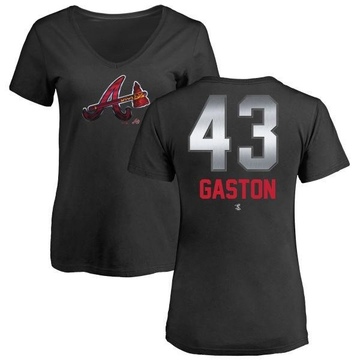 Women's Atlanta Braves Cito Gaston ＃43 Midnight Mascot V-Neck T-Shirt - Black