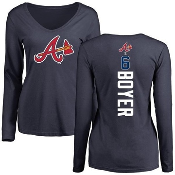 Women's Atlanta Braves Clete Boyer ＃6 Backer Slim Fit Long Sleeve T-Shirt - Navy