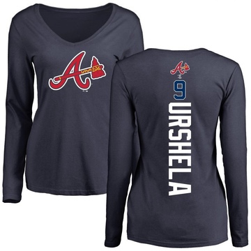 Women's Atlanta Braves Gio Urshela ＃9 Backer Slim Fit Long Sleeve T-Shirt - Navy