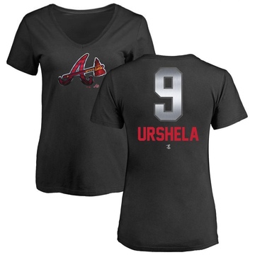 Women's Atlanta Braves Gio Urshela ＃9 Midnight Mascot V-Neck T-Shirt - Black