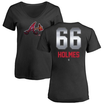 Women's Atlanta Braves Grant Holmes ＃66 Midnight Mascot V-Neck T-Shirt - Black