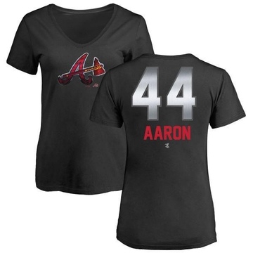 Women's Atlanta Braves Hank Aaron ＃44 Midnight Mascot V-Neck T-Shirt - Black