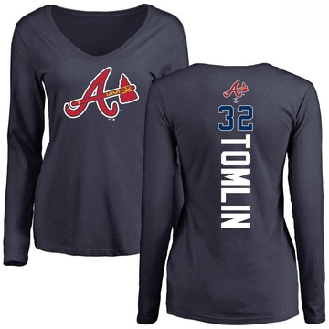 Women's Atlanta Braves Josh Tomlin ＃32 Backer Slim Fit Long Sleeve T-Shirt - Navy