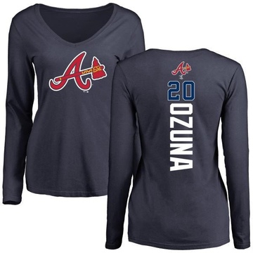 Women's Atlanta Braves Marcell Ozuna ＃20 Backer Slim Fit Long Sleeve T-Shirt - Navy