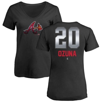 Women's Atlanta Braves Marcell Ozuna ＃20 Midnight Mascot V-Neck T-Shirt - Black