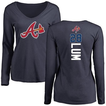 Women's Atlanta Braves Mike Lum ＃28 Backer Slim Fit Long Sleeve T-Shirt - Navy