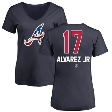 Women's Atlanta Braves Nacho Alvarez Jr. ＃17 Name and Number Banner Wave V-Neck T-Shirt - Navy